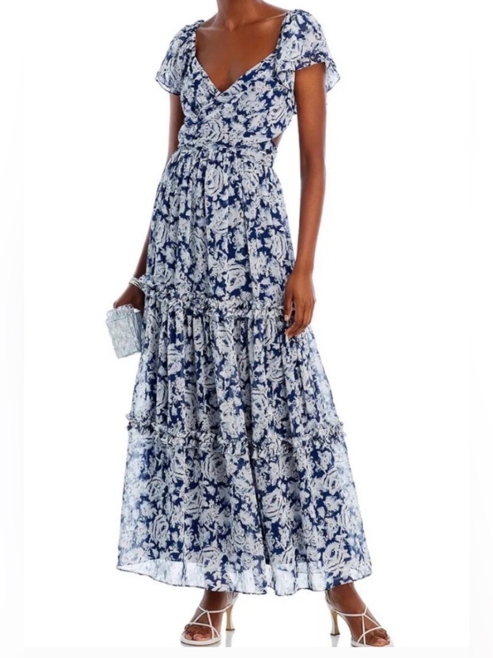 Aqua Navy and White Floral Maxi Dress